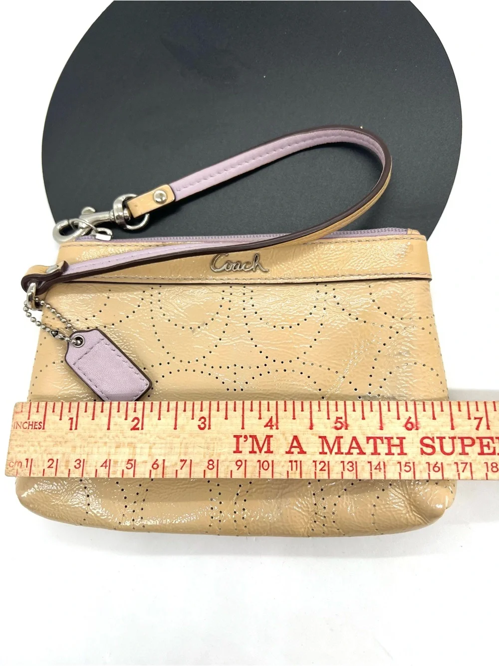 Coach Beige Patent Leather Perforated Signature C Wristlet Lilac Trim